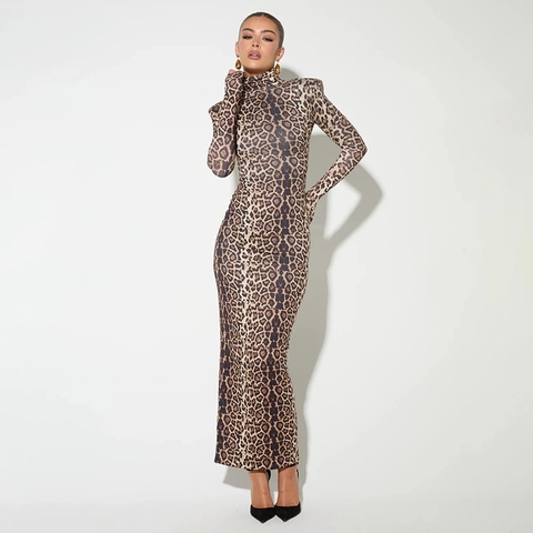 Sexy Leopard Print Bodycon Maxi Dress For Women High Neck Long Sleeve Slim Fit Party Clubwear Evening Long Pencil Dress