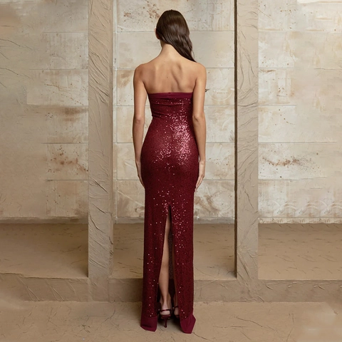 Vestito Donna Sexy Paillettes Top a Tubo Elegante Schiena Scoperta Spacco Laterale Abito da Sera Festa Formale Banchetto Lungo