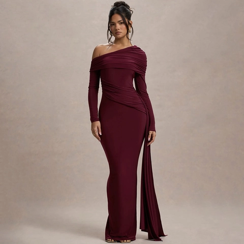 Abito Lungo Sexy Arricciato da Donna Scollo Obliquo Manica Lunga Vita Alta Bodycon Festa Serale Vestito Aderente Elegante