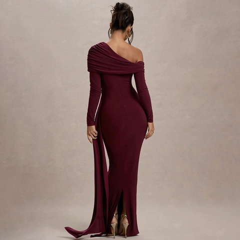 Abito Lungo Sexy Arricciato da Donna Scollo Obliquo Manica Lunga Vita Alta Bodycon Festa Serale Vestito Aderente Elegante