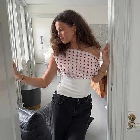 Damen Sexy Polka Dot Einseitig Schulterfrei Rückenfrei Schnürung Patchwork Chiffon Rippstrick Slim Fit Ärmelloses Streetwear Top