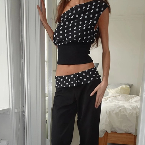 Damen Sexy Polka Dot Einseitig Schulterfrei Rückenfrei Schnürung Patchwork Chiffon Rippstrick Slim Fit Ärmelloses Streetwear Top