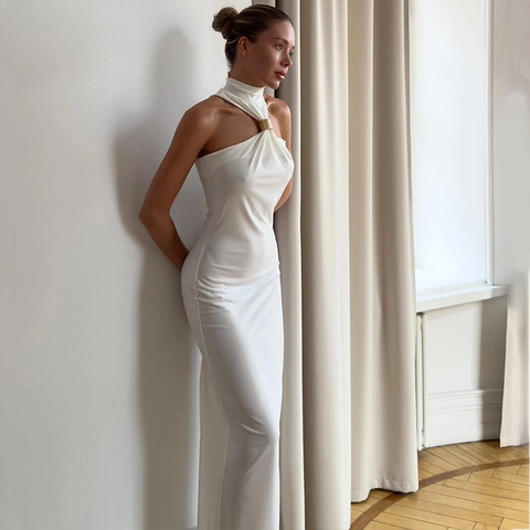 Sexy Neckholder Maxi Kleid Für Damen Metallring Seitenschlitz Slim Fit Gerafftes Einfarbiges Abendkleid Partykleid