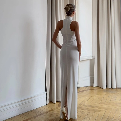Sexy Neckholder Maxi Kleid Für Damen Metallring Seitenschlitz Slim Fit Gerafftes Einfarbiges Abendkleid Partykleid