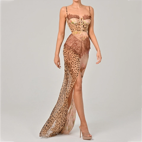 Γυναικείο Σέξι Λεοπάρ Patchwork Slip Maxi Φόρεμα Μπαρόκ Δαντέλα Κορσές Ψηλό Σχίσιμο Εξώπλατο Καλοκαιρινό Πάρτι Φόρεμα