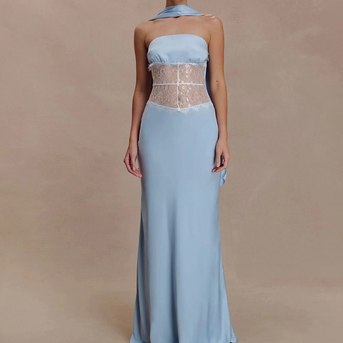 Sexy Damen Neckholder Rückenfrei Satin Maxi Kleid Spitze Patchwork Transparent Abend Party Kleid Mit Schal Blau