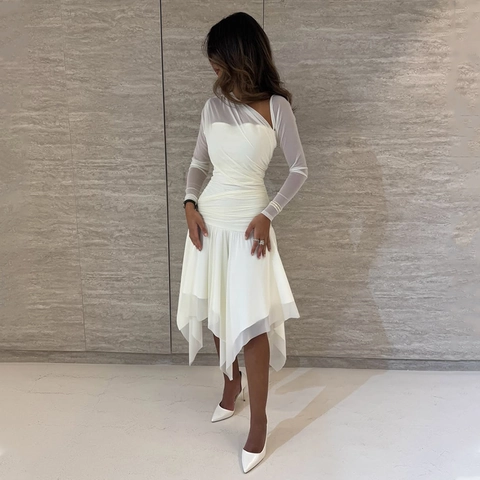 Damen Sexy Ein-Schulter Asymmetrisches Gerafftes Netz-Patchwork-Kleid Elegantes Langarm-Handkerchief-Saum Party-Midikleid