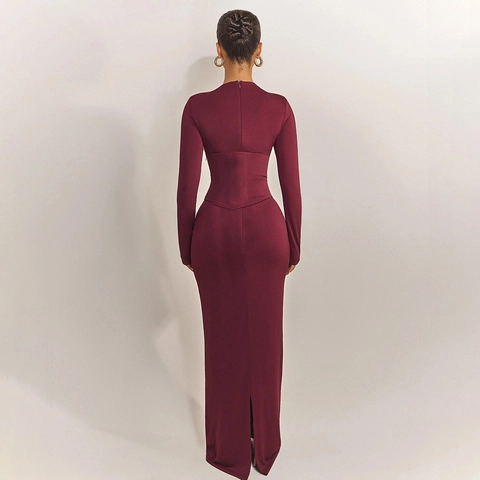 Damen Sexy Hohe Elastizität Langarm Maxikleid Mit Korsett Knochen Taille Slim Fit Einfarbig Rundhals Schlitz Clubwear Kleid