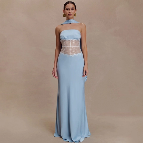 Sexy Damen Neckholder Rückenfrei Satin Maxi Kleid Spitze Patchwork Transparent Abend Party Kleid Mit Schal Blau