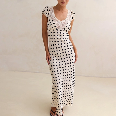 Women Polka Dot Satin Maxi Dress Lace Hollow Out Back Puff Sleeve Elegant Sexy High Waist Slim Fit Long Party Dress