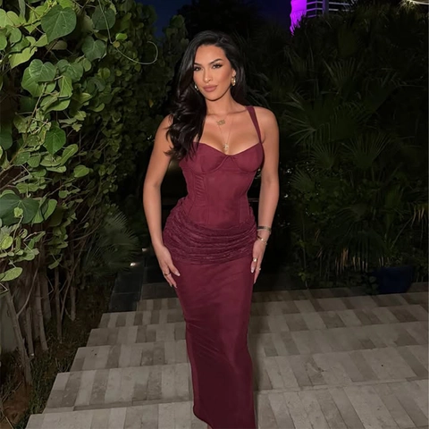 Sexy Korsett Maxi Kleid Für Damen Slim Fit Rückenfrei Spitze Patchwork Plissee Einfarbig Abendgesellschaft Bankett Langes Kleid