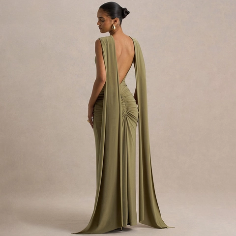 Damen Sexy Ärmellos Rückenfrei Abendkleid Maxi Mit Gerafft Cape Umhang Formal Körperbetont Lang Partykleid