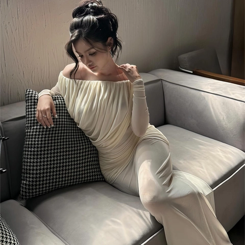 Off-Shoulder Ruched Mesh Maxi Dress Sexy Slim Fit Long Sleeve Pleated See-Through Party Club Evening Formal Dress For Women