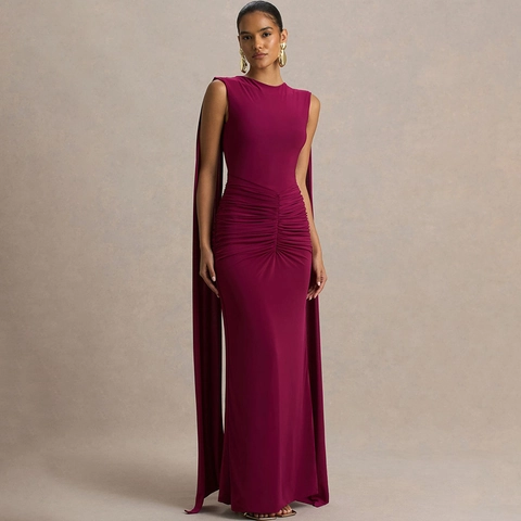 Damen Sexy Ärmellos Rückenfrei Abendkleid Maxi Mit Gerafft Cape Umhang Formal Körperbetont Lang Partykleid
