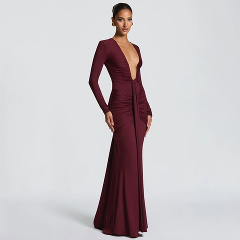 Vestido de Noche Sexy con Cuello en V Profundo y Detalles Fruncidos de Sirena Manga Larga Largo al Suelo Maxi Vestido de Fiesta
