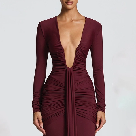 Vestido de Noche Sexy con Cuello en V Profundo y Detalles Fruncidos de Sirena Manga Larga Largo al Suelo Maxi Vestido de Fiesta