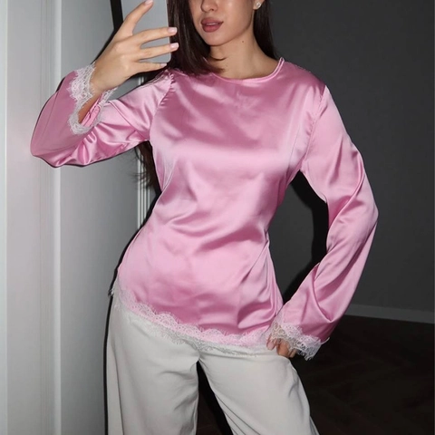 Mode Femmes Satin Col Rond Manches Longues Chemisier Dentelle Patchwork Ourlet Dos Lacé Coupe Cintrée Élégant Décontracté Haut Uni