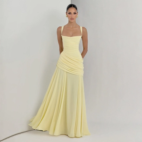 Vestido Maxi Fruncido Elegante para Mujer Sexy Slim Fit Tirantes Finos Vestido de Noche Color Sólido Poliéster Banquete Fiesta Formal