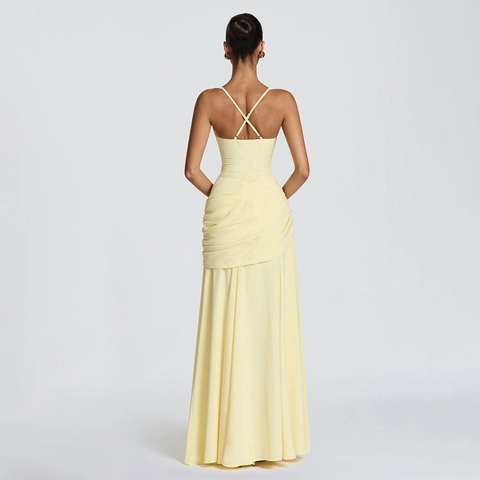 Vestido Maxi Fruncido Elegante para Mujer Sexy Slim Fit Tirantes Finos Vestido de Noche Color Sólido Poliéster Banquete Fiesta Formal