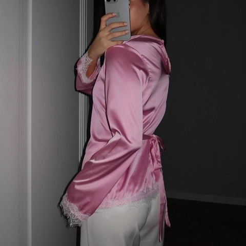 Mode Femmes Satin Col Rond Manches Longues Chemisier Dentelle Patchwork Ourlet Dos Lacé Coupe Cintrée Élégant Décontracté Haut Uni