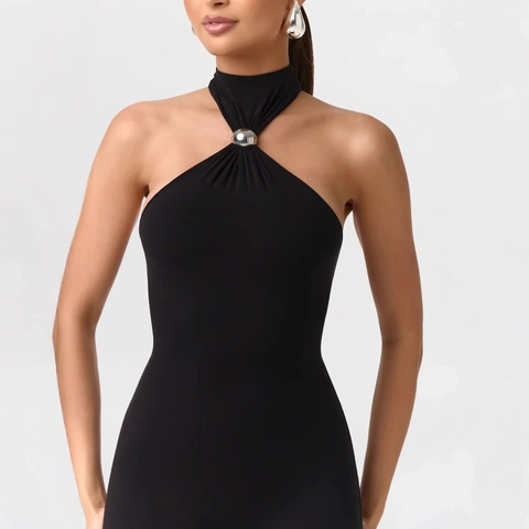 Sexy Halter Neck Backless Jumpsuit For Women Solid Color Sleeveless Slim Fit Catsuit With Metal Buckle And Stirrup Leg