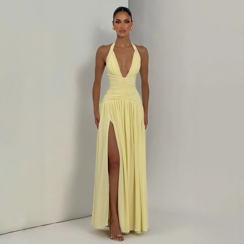 Women Elegant Halter Deep V Neck Ruched Evening Dress Sexy Backless High Slit Polyester Maxi Party Gown For Wedding Party