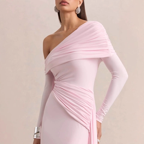 Vestido Mini Ajustado Sexy De Un Hombro Con Frunces Manga Larga Banda Lateral Elegante Color Sólido Party Clubwear Mujer