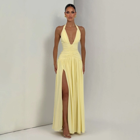 Women Sexy Halter V-Neck Ruched Maxi Dress High Slit Elegant Evening Gown Solid Color Polyester Party Dress