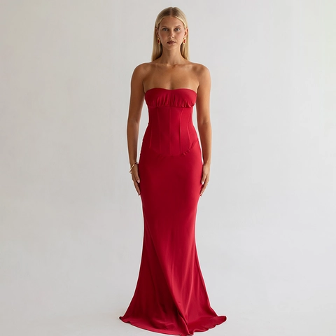 Women Strapless Corset Maxi Dress Satin Pleated Lace Up Backless Evening Gown For Wedding Party Elegant Sexy Bodycon Dress