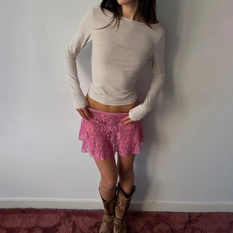 Women Sexy Pink Lace Mini Skirt See-Through Floral Ruffle Low Waist Layered Bodycon Y2K Streetwear Clubwear Short Skirt