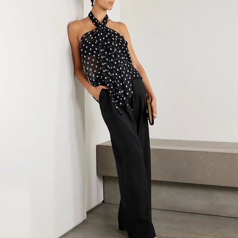 Top de Mujer Vintage con Lunares y Cuello Halter de Chifón Sin Mangas Blusa Elegante de Corte Ajustado con Lazo Verano Camiseta