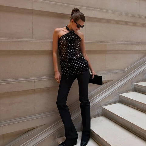 Top de Mujer Vintage con Lunares y Cuello Halter de Chifón Sin Mangas Blusa Elegante de Corte Ajustado con Lazo Verano Camiseta