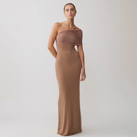 Women One Shoulder Ruched Mesh Patchwork Bodycon Maxi Dress Sexy Slim Fit Solid Color Floor Length Party Fishtail Dress