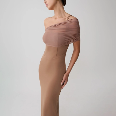 Women One Shoulder Ruched Mesh Patchwork Bodycon Maxi Dress Sexy Slim Fit Solid Color Floor Length Party Fishtail Dress