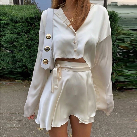 Sexy Satin V-Neck Cropped Long Sleeve Button Top And High Waist Lace-Up Mini Skirt Elegant Women Outfits Streetwear Fashion