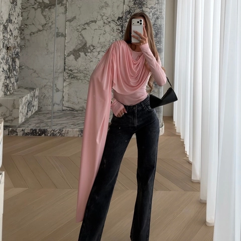 Sexy Hellrosa Langarm Bodysuit Für Damen Asymmetrisch Gedrappt Gerafft Schmale Passform Schickes Jumpsuit Top Elegante Kleidung