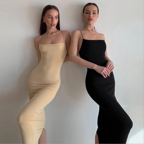 Sexy Women Backless Slit Maxi Dress Spaghetti Strap Slim Fit Polyester Solid Color Elegant Evening Party Long Dress