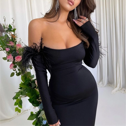Women Sexy Off-Shoulder Feather Long Sleeve Maxi Dress Slim Fit Solid Color Backless Party Evening Banquet Dress
