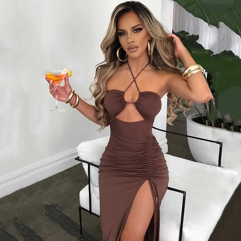 Damen Sexy Halterneck Gerafftes Kleid Mit Schlitz Cut-out Bodycon Rückenfrei Abendparty Urlaub Slim Fit Einfarbig Maxi-Kleid
