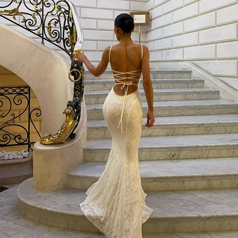 Damen Sexy Weißes Spitze Maxi Kleid Spaghettiträger Rückenfrei Kreuzgurt Schlanke Passform Meerjungfrau Lang Kleid Für Hochzeit Party