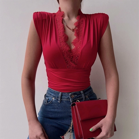 Body Pour Femmes Col En V Sans Manches Dentelle Patchwork Froncé Coupe Ajustée Sexy Élégant Haut Mode