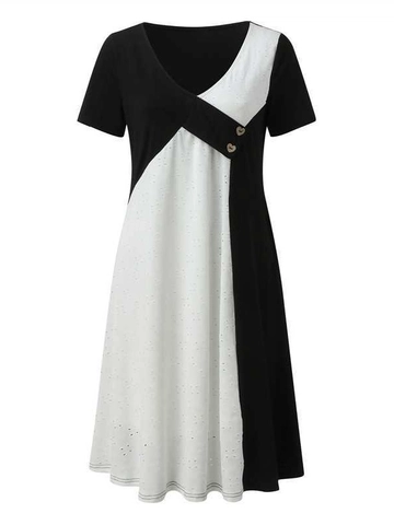 Robe Midi Trapèze Vintage pour Femmes Colorblock Col en V Manches Courtes Patchwork Ajouré avec Boutons Coeur Robe de Fête Élégante