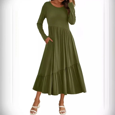 Women Casual Solid Long Sleeve Round Neck Tiered Maxi Dress With Pockets High Waist Pleated A-Line Flowy Long Dress
