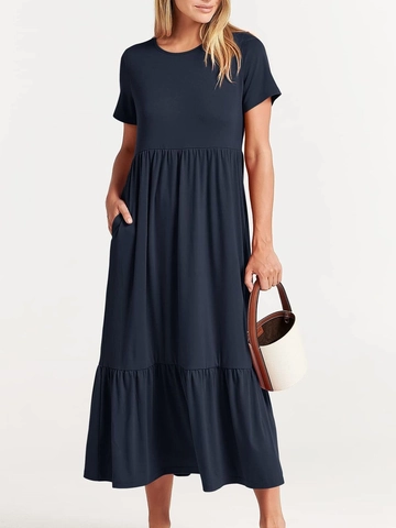 Women Casual Short Sleeve Round Neck Tiered Maxi Dress With Pockets High Waist Solid Color Summer Flowy A-Line Dress