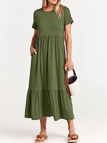 Women Casual Short Sleeve Round Neck Tiered Maxi Dress With Pockets High Waist Solid Color Summer Flowy A-Line Dress