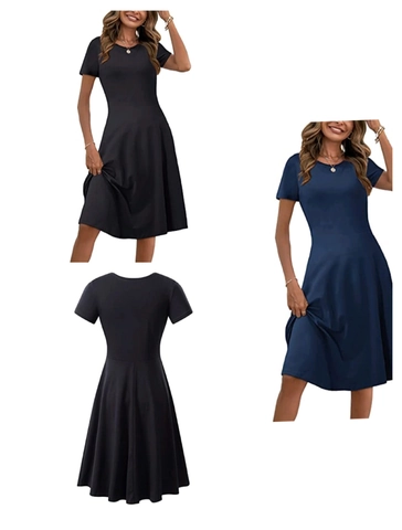 Vestido Casual de Manga Corta para Mujer Línea A Cuello Redondo Color Sólido Ajustado Elegante Vestido Midi de Verano