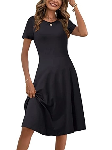 Vestido Casual de Manga Corta para Mujer Línea A Cuello Redondo Color Sólido Ajustado Elegante Vestido Midi de Verano