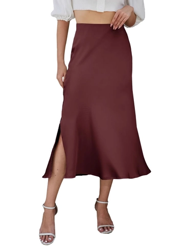Damen Eleganter Satin Midi Rock Seitenschlitz Hohe Elastische Taille Einfarbig Seidiger A-Linien Rock Für Party Alltag