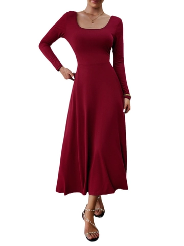 Elegant Long Sleeve A-Line Maxi Dress For Women Slim Fit Waist U-Neck Polyester Spandex Solid Color Casual Banquet Gown