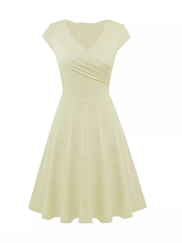 Women Elegant V-Neck Pleated Short Sleeve A-Line Dress Sexy Slim Fit Wrap Waist Flare Midi Dress Casual Office Party Wear